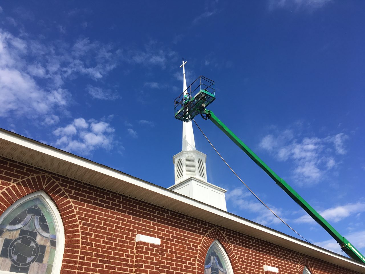 Church steeple soft washing in Hickory, NC